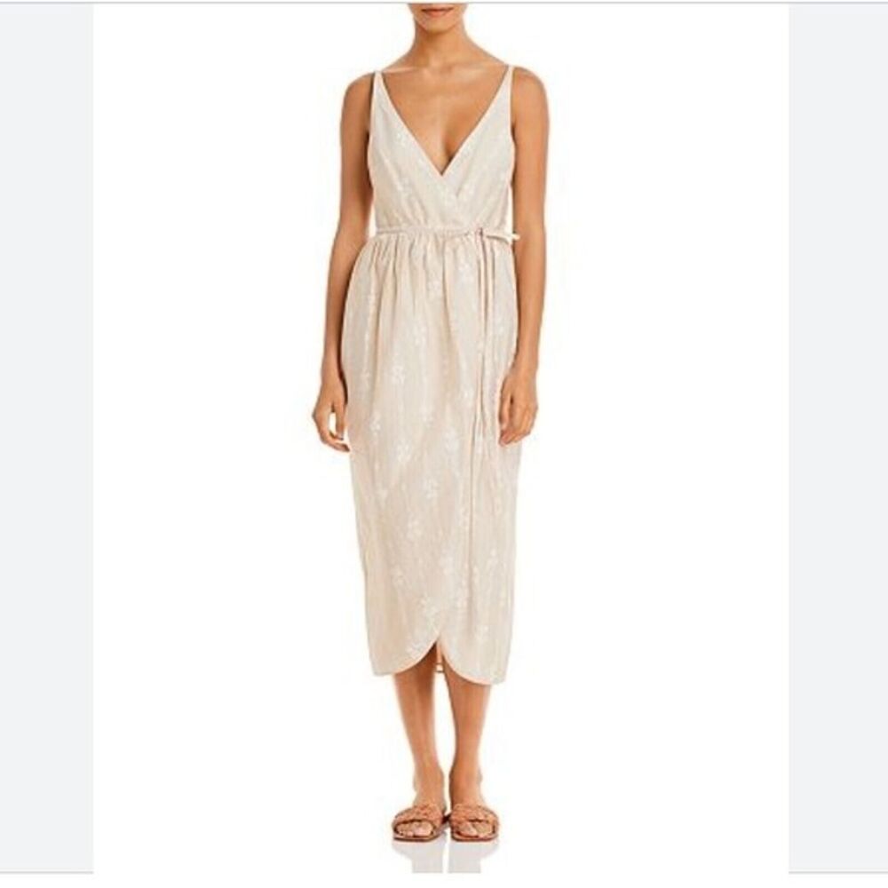Rebecca Taylor Wrap Dress Beige/White Tulip Marzipan Combo Midi V Neck Size 10